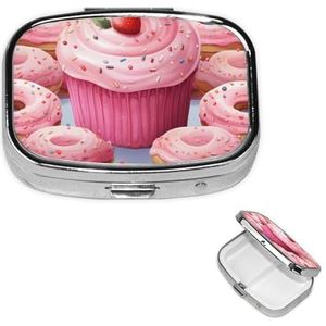 Vierkante pillendoos draagbare metalen pillenetui 2 compartimenten kleine reizen pillenorganisator roze donut en cupcake vitamines houder organizer voor portemonnee zak