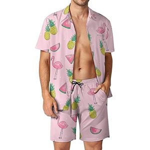 Tropisch fruit en flamingo Hawaiiaanse bijpassende set voor heren, 2-delige outfits, button-down shirts en shorts voor strandvakantie