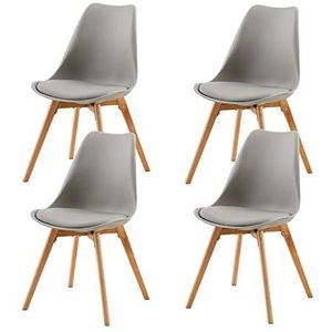 DORAFAIR Set van 4 moderne design eetkamerstoelen retro lounge stoelen met massief houten eiken benen, keukenstoelen met gewatteerde stoel, grijs
