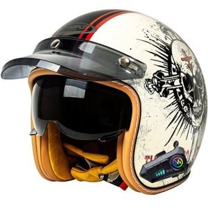 Duitse Stijl Vintage Motorfiets Jethelm Met Bluetooth ECEDOT Goedgekeurde Open Gezicht Motorfietshelm Retro Halve Helm Met Zonneklep Motocross Helmen Voor Mannen Vrouwen 1,XL:61-62CM
