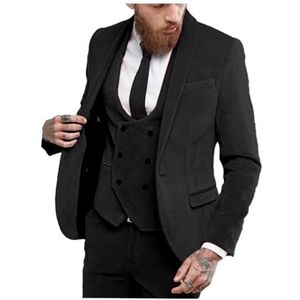 Heren 3-delig fluwelen pak fluwelen blazer één knop smoking slim fit luxe blazer feest diner jas & broek, Zwart, 48