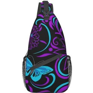 EdWal Bumble Bees Print Borst Tas Dagrugzak Cross Body Bag, Sling Rugzak Crossbody Tas, Voor Buiten Wandelen Reizen, Paarse Vlinder en bloemen, Eén maat