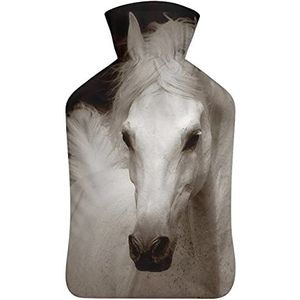 Wit Paard op Donkere Warmwaterkruik met Pluche Cover Rubber Injectie Tas voor Hand Voeten Warmer Pijn Relief Periode Krampen 1Liter