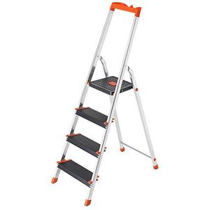 SONGMICS 4-sporten ladder, aluminium ladder met 12 cm brede sporten, opvouwbaar, antislip lade en voeten, 150 kg belasting, GS EN131, zwart en oranje GLT04BK