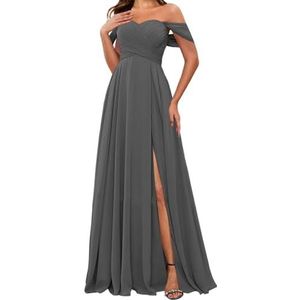 HPPEE Off-shoulder chiffon bruidsmeisjesjurken met split voor vrouwen mouwloze strapless avond formele jurk, Grijs, 32