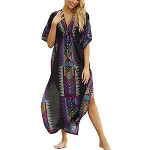YouKD Zomer Katoen Geborduurde Bloemen Losse Caftan Boho Strand Bikini Cover Up Jurk Plus Size Robe voor Vrouwen, Zwart 8, one size