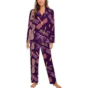 Paarse Libelle Pyjama Sets Met Lange Mouwen Voor Vrouwen Klassieke Nachtkleding Nachtkleding Zachte Pjs Lounge Sets