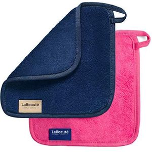 LaBeauté Make-up doekjes microvezel (2 stuks, 21 x 21 cm), wasbaar en herbruikbaar, make-up remover pads, microvezel make-up pads, voor gezichtsreiniging en make-up (donkerblauw en roze)