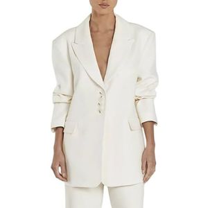 HGKPFGTG Oversized Casual Blazerjas voor Dames Effen Kleur Lange Mouwen Knoopsluiting Revers Werk- en Kantoorblazers,Off white,L