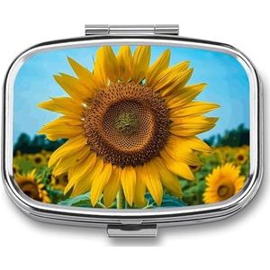 Beutiful Zonnebloem Pillendoos Reizen Pillenorganizer 2 Compartiment Wekelijkse Pillenetui met Spiegel Een Dag Medicijncontainer Geneeskunde Organizer voor portemonnee, zak of portemonnee