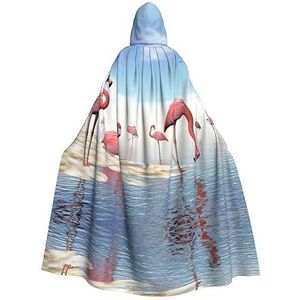 WURTON Flock Of Pink Flamingo's On The Beach Print Hooded Mantel Unisex Halloween Kerst Hooded Cape Cosplay Kostuum Voor Vrouwen Mannen