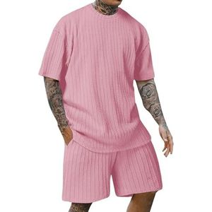 KIKIATA Heren Casual Prachtige Textuur Gedrukt Shorts Set, Heren 2-delige Outfits Korte Mouw Ronde hals Zomer Tee & Trekkoord Taille Shorts Set, roze, XL