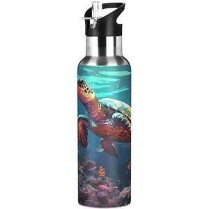 Art Zeeschildpadden vis waterfles geïsoleerde grote 1L roestvrij staal sport vacuüm fles met rietje lekbestendig voor reizen koffie