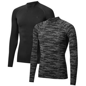 DANISH ENDURANCE Lange Mouw Compressie Top Heren, Muscle Fit, Heren Onderlaag Shirt met Ademend Mesh, 2-Pack Veelkleurig (1x Zwart, 1x Grijs Camo) 2-pack XXL