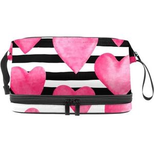 Roze hart op zwart-witte strepen dubbellaagse make-uptas voor dames en meisjes, reistoilettas make-up handige etui organizer tas met borstelvak, Meerkleurig, 27x15x14 cm/10.6x5.9x5.5 in, Toilettas