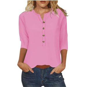 Dames 3/4 mouw Henley Shirts Casual Zomer Notch V-hals Tops Effen Kleur T-shirt Plus Size Button Down Top Sale, Mode Dames Tops UK, roze, L