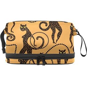 Dubbellaags Cosmetische Tas Gouden Kettingen Luipaard Draagbare Make-up Tas Reizen Organizer Pouch Voor Vrouwen Meisjes Toiletries Tassen, Meerkleurig, 27x15x14 cm/10.6x5.9x5.5 in, Make-up zakje