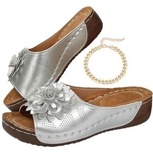 Comfortabele Antislip Effenkleurige Sandalen Met Open Teen En Sleehak For Dames For De Hele Dag Wandelen Casual Slipper Met Boogondersteuning(Sliver,45)