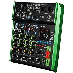 Audio DJ-mixer 6-kanaals mixer, ingebouwde opnamekaartfunctie, BT, USB-weergave, 3-traps EQ, 99 mixeffecten, mixerconsole Podcast-apparatuur