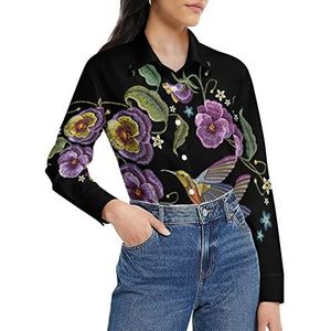 Bloemen Hummingbirds damesshirt met lange mouwen button down blouse casual werk shirts tops 2XL