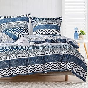 Damier Beddengoed 155 x 220 cm, blauw wit geometrisch patroon, dekbedovertrekset, 2-delig, zachte microvezel, strepen, omkeerbaar dekbedovertrek met ritssluiting, 155 x 220 cm + 80 x 80 cm