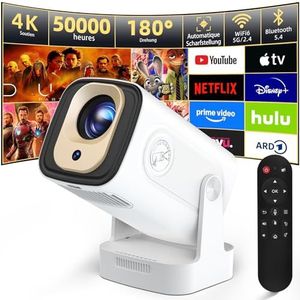 Beamer, Full HD 1080p mini-beamer, 4K, automatische trapeziumcorrectie, mini-projector 180° rotatie videoprojector, ondersteunt 2.4/5G Dual WiFi6, Bluetooth 5.0 met Android11/OS11, outdoor