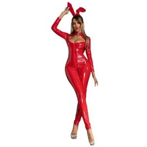 WEITING Wet-look PVC latex catsuit + hoofdband, lange mouwen, open kruis, glanzende PU lederen jumpsuits, sexy Bunny Girl, cosplay, clubwear-kleding, rood, B-XL