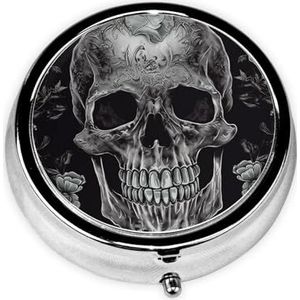 Pillendoosje met spiegel, retro pillendoosje met 3 vakken, schedel, skelet, kleine pillenorganizer voor portemonnee of zak, decoratieve metalen medicijnen, vitamine-organizer, unieke geschenken