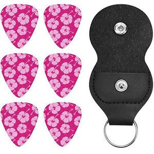 Roze Hibiscus Patroon Grappige Gitaar Pick Met Houder Case Dunne Medium Zware Meters Voor Bass Akoestische Gitaren