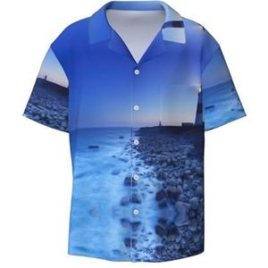 TyEdee The Seaside Lighthouse Print Overhemden met korte mouwen voor heren, met zak, casual overhemd met knopen, Zwart, S
