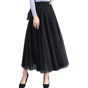 Vrouwen Geplooid Tulle Maxi Rok Enkellengte Elastische Hoge Taille Een Lijn Vloeiende Grote Hem Rok Chiffon Petticoat Zwart