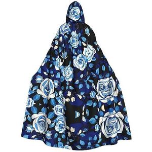 Blauwe bloem patroon rozen partij decor mantel,Volwassen Hooded Cape,Ultieme Heks Mantel voor Halloween Bijeenkomsten