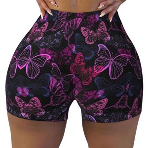ELRoal Dames Sport Elastische Shorts Roze Vlinder Printing Vrouwen Workout Shorts Ademend En Sneldrogende Yoga Shorts, Zwart, M-3XL Short