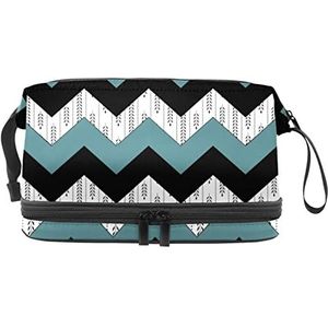 Dubbele Laag Cosmetische Tas Groen Zwart Streep Draagbare Make-up Tas Reizen Organizer Pouch Voor Vrouwen Meisjes Toiletries Tassen, Meerkleurig, 27x15x14 cm/10.6x5.9x5.5 in, Make-up zakje