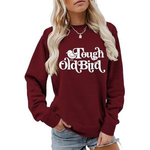 MLZHAN Stoere Oude Vogel Brief Print Vrouwen Sweatshirt Mode Casual Shirt Lange Mouw Shirt Truien Harajuku Losse Tops, wijnrood, S