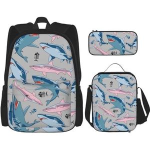 SUHNGE Kerst Kerstman Print Lunchbox Etui, Rugzak Set 3 Stuks Verstelbare Riemen Duurzaam Lichtgewicht, Blauwe Cartoon Vis, Eén maat