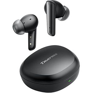 Truefree T2 draadloze oortjes met 4 microfoons voor heldere gesprekken, stereomuziek en low latency games. 23 uur speeltijd en meerdere oordopjes (S/M/L). Voor tv, telefoon en laptop.