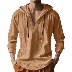 CupitiDU Linnen strandshirt met capuchon voor heren, lichtgewicht knoopsluiting, losse pasvorm, ademend zomershirt tops met capuchon, Donkere Kaki, 3XL