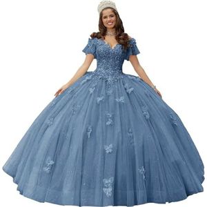 Fuomomo Quinceanera MT052 Jurk met vlinderapplicaties van kant, 3D, glanzend, baljurk, schoudervrij, voor snoep, 15 en 16, verjaardagsjurk van tule, Blauw (Dusty Blue), 30 NL