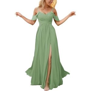 Chiffon galajurken met spleetplooien, bruidsmeisjesjurken voor bruiloft, cocktailjurk, grote maten, Stoffige Salie, 34