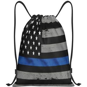 EdsfFehs Amerikaanse Dunne Blauwe Lijn Vlag Print Trekkoord Tassen,Verjaardag Festival Gym Sport Reizen Multifunctionele Sackpack, Zwart, M