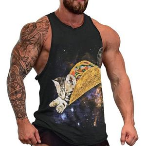 Taco Cats Space Tanktop voor heren, grafische mouwloze bodybuilding-T-shirts, casual strand-T-shirt, grappig sportschool-spierweefsel