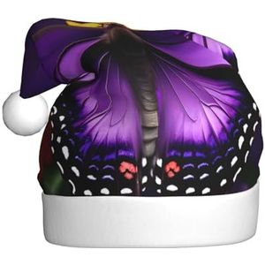 SSIMOO Paarse vlinder en bloem pluche kerstmuts voor volwassenen, feestelijke feesthoed, ideaal feestaccessoire voor bijeenkomsten