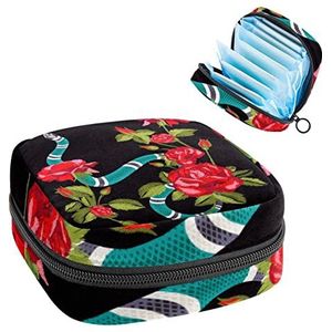 Maandverband Opbergtas,Draagbare maandverband Opbergzak,Blauw witte slang en bloem, Meerkleurig, 4.7x6.6x6.6 in/12x17x17 cm