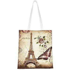 LamaMe Vintage Parijs Eiffeltoren Vlinder 12ann Herbruikbare Canvas Tote Voor Winkelen Strand Moederdag Gift Bag, Zwart, Eén maat