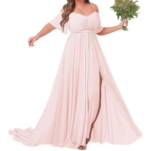 Off-shoulder bruidsmeisjes jurken met mouw - chiffon grote maten formele jurk, roze, 32