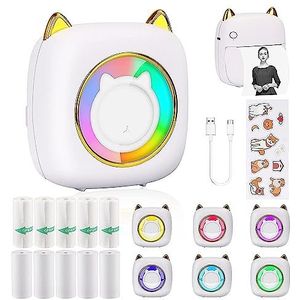 HuiJuKeJi Mini Sticker Printer Pocket Inktloze Thermische Printer met RGB-licht voor iOS en Android, 10 rollen thermisch papier, slimme draagbare bonprinter voor fotodagboek, notities, memo (LED wit)
