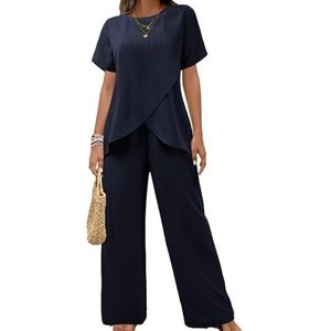 Leader of the Beauty Dames zomer 2-delige outfits korte mouw casual moeder V-hals top lange broek pak set, marineblauw, S