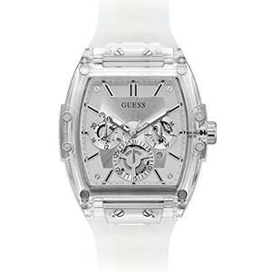 GUESS Heren Trend Casual Tonneau Diamond 43mm Horloge - Zwarte wijzerplaat roestvrijstalen kast en armband, Zilverkleur/Wit, Eén maat, Phoenix GW0203G1