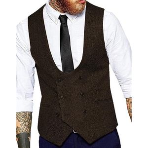 Dvbfufv Herenkostuum vest U-hals wol visgraat tweed vest jas silm fit casual formeel bruiloft vesten koffie M